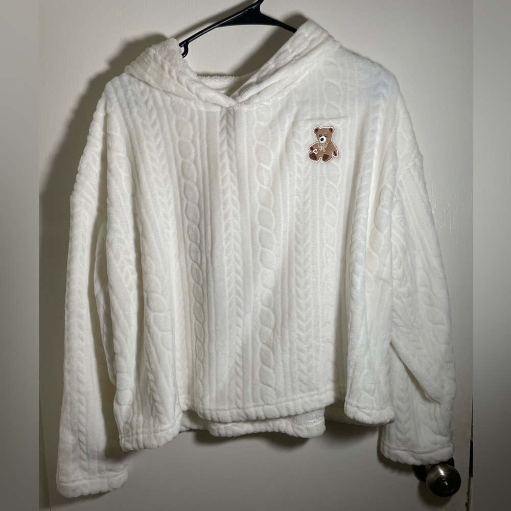 Joyspun White Hooded Sweater with Bear Patch
